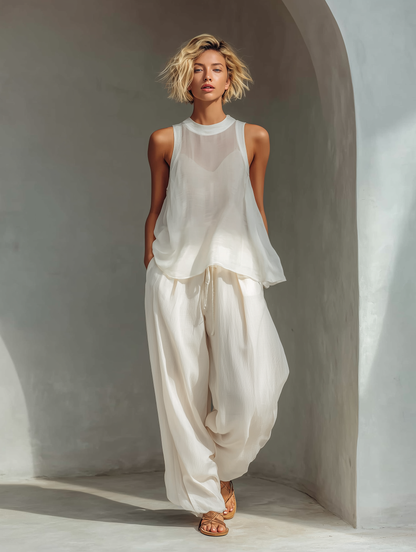 Cream Chiffon Sleeveless Top & Linen Drawstring Wide-Leg Trousers Set
