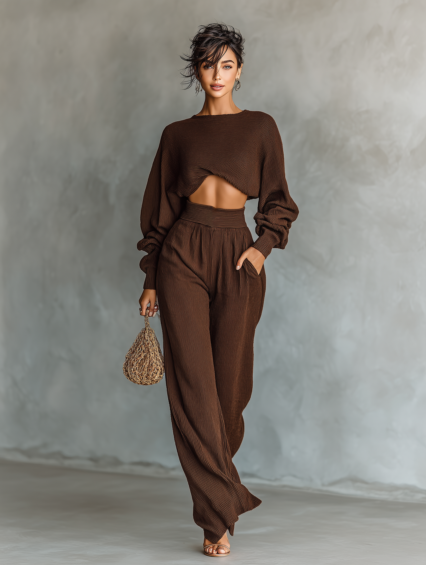 Coffee Knit Short Top & Wide-Leg Pants Set