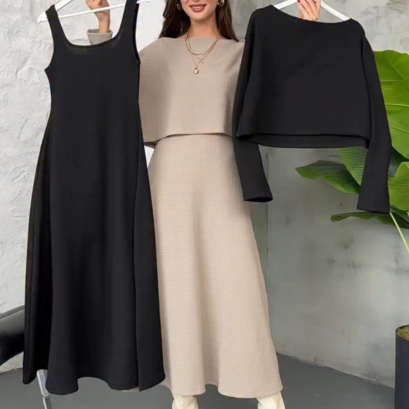 Two-piece knitted set for women: midi dress with tank top and cropped top