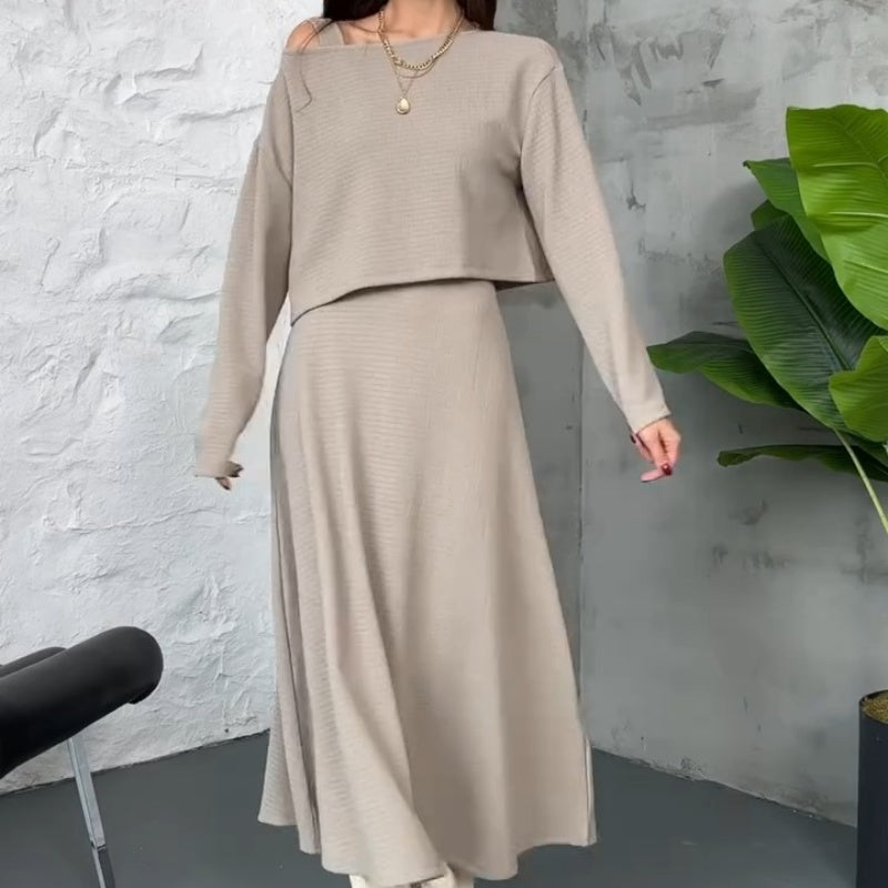 Two-piece knitted set for women: midi dress with tank top and cropped top