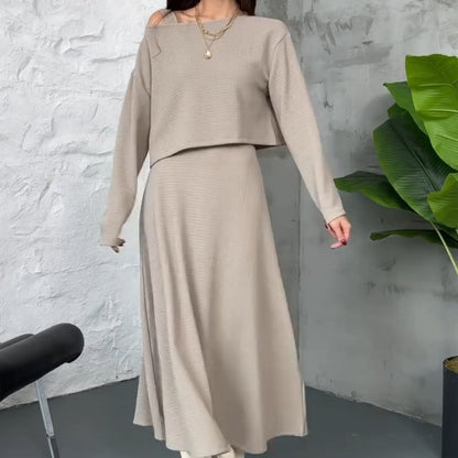 Two-piece knitted set for women: midi dress with tank top and cropped top