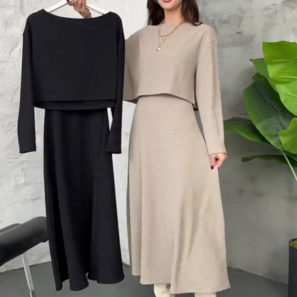 Two-piece knitted set for women: midi dress with tank top and cropped top