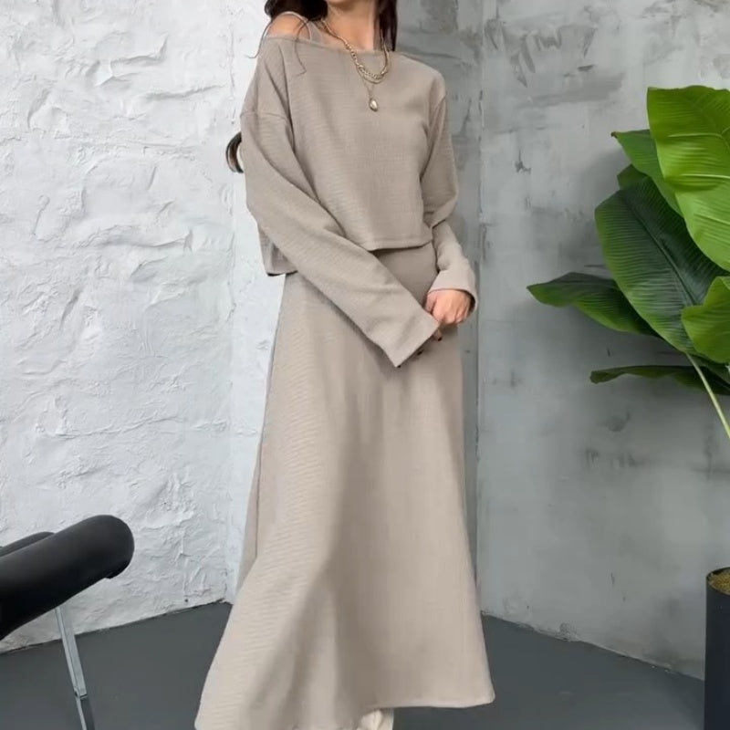 Two-piece knitted set for women: midi dress with tank top and cropped top