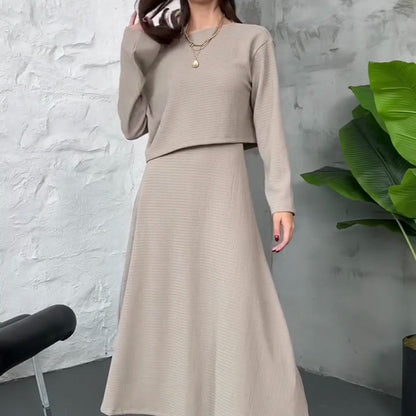Two-piece knitted set for women: midi dress with tank top and cropped top