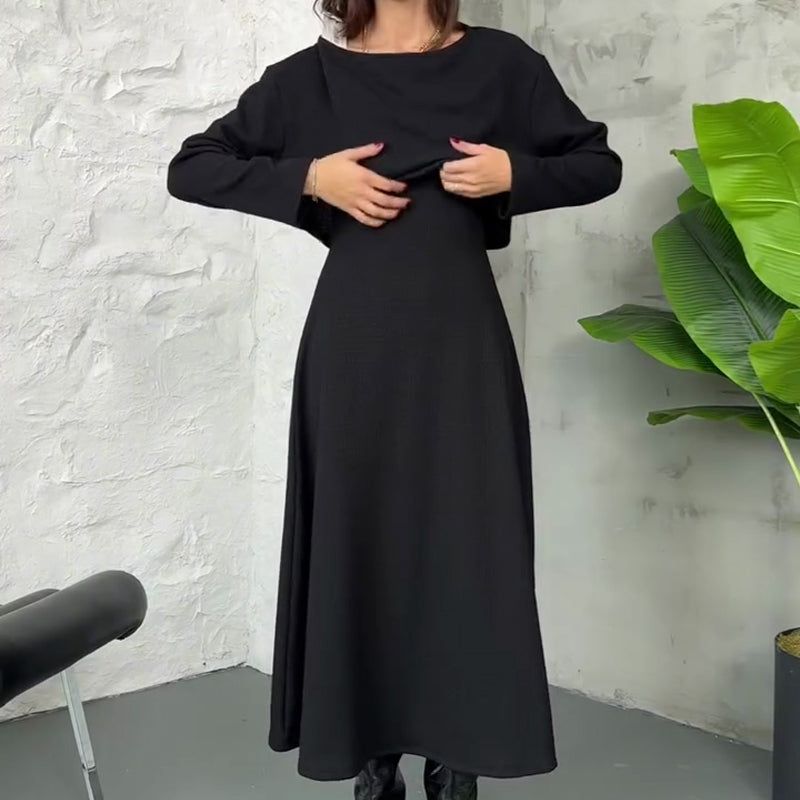 Two-piece knitted set for women: midi dress with tank top and cropped top
