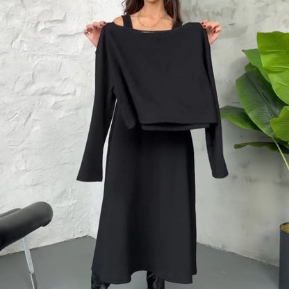 Two-piece knitted set for women: midi dress with tank top and cropped top