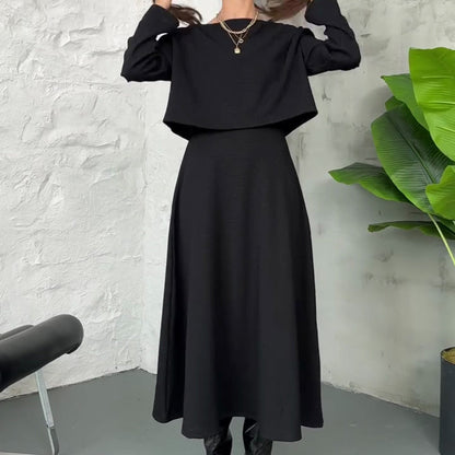 Two-piece knitted set for women: midi dress with tank top and cropped top