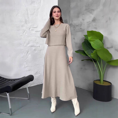 Two-piece knitted set for women: midi dress with tank top and cropped top