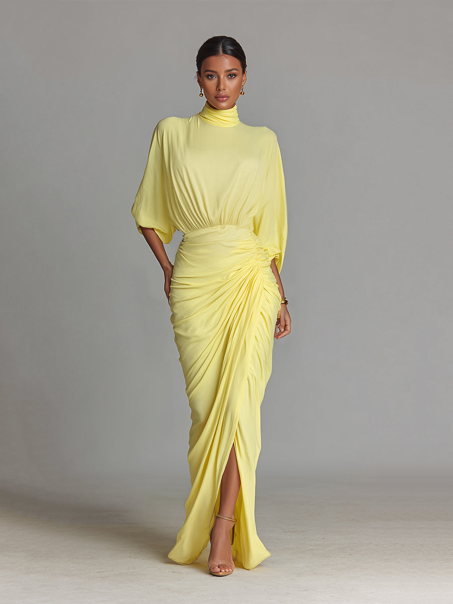 Bright Yellow Draped Blend Maxi Dress