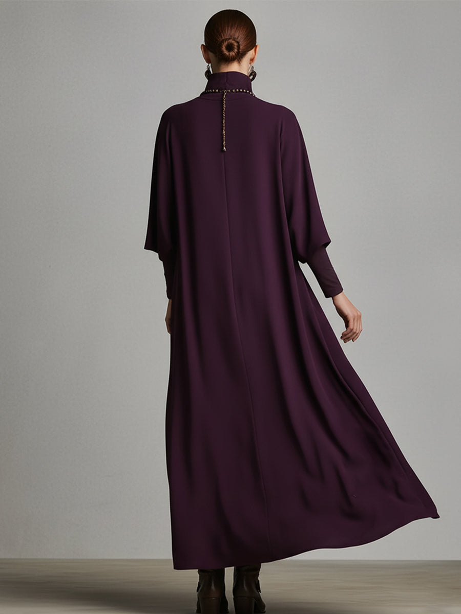 Draped Jersey Turtleneck Embroidered Maxi Dress