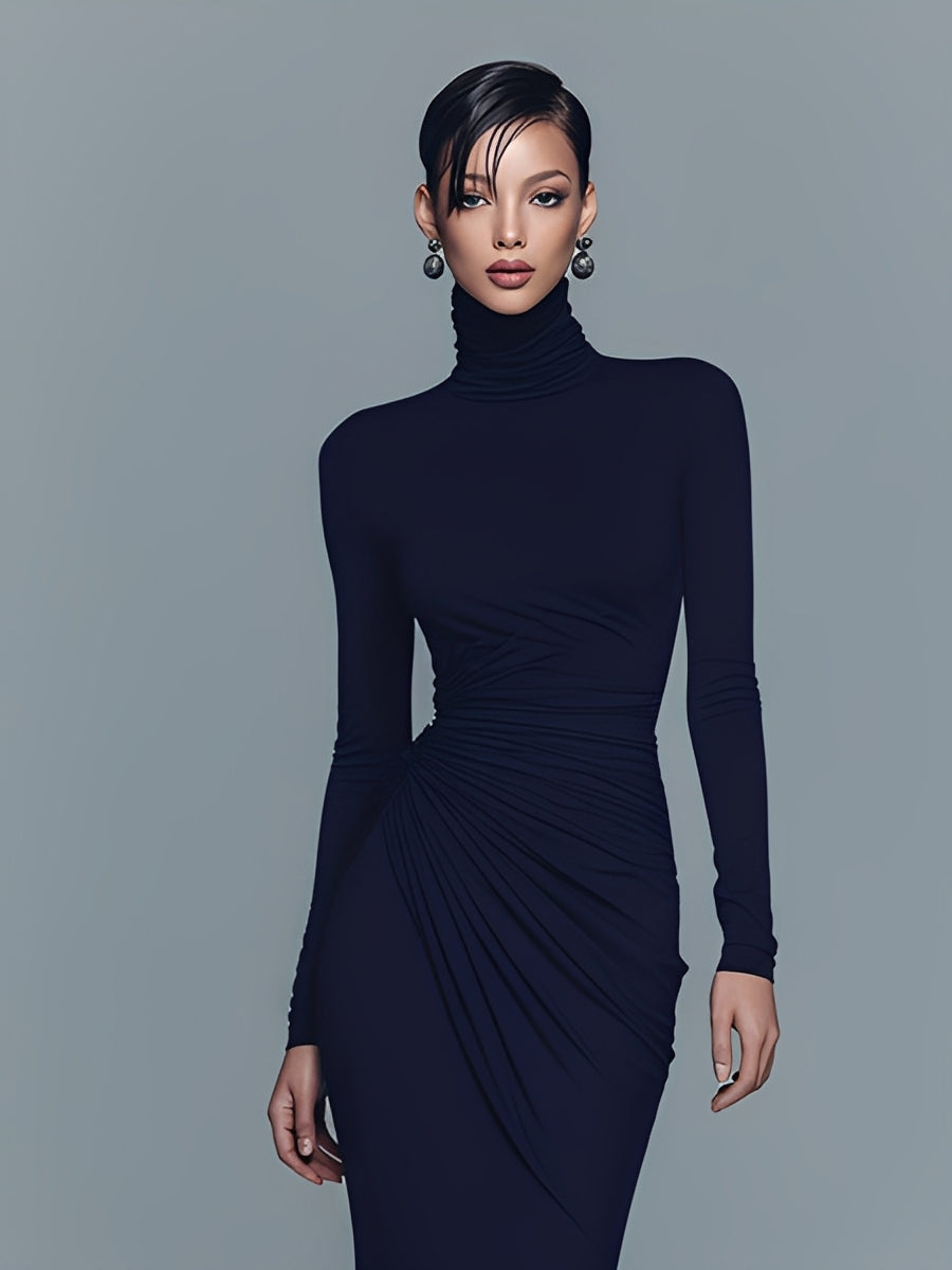 Navy Stretch Turtleneck Draped Maxi Dress