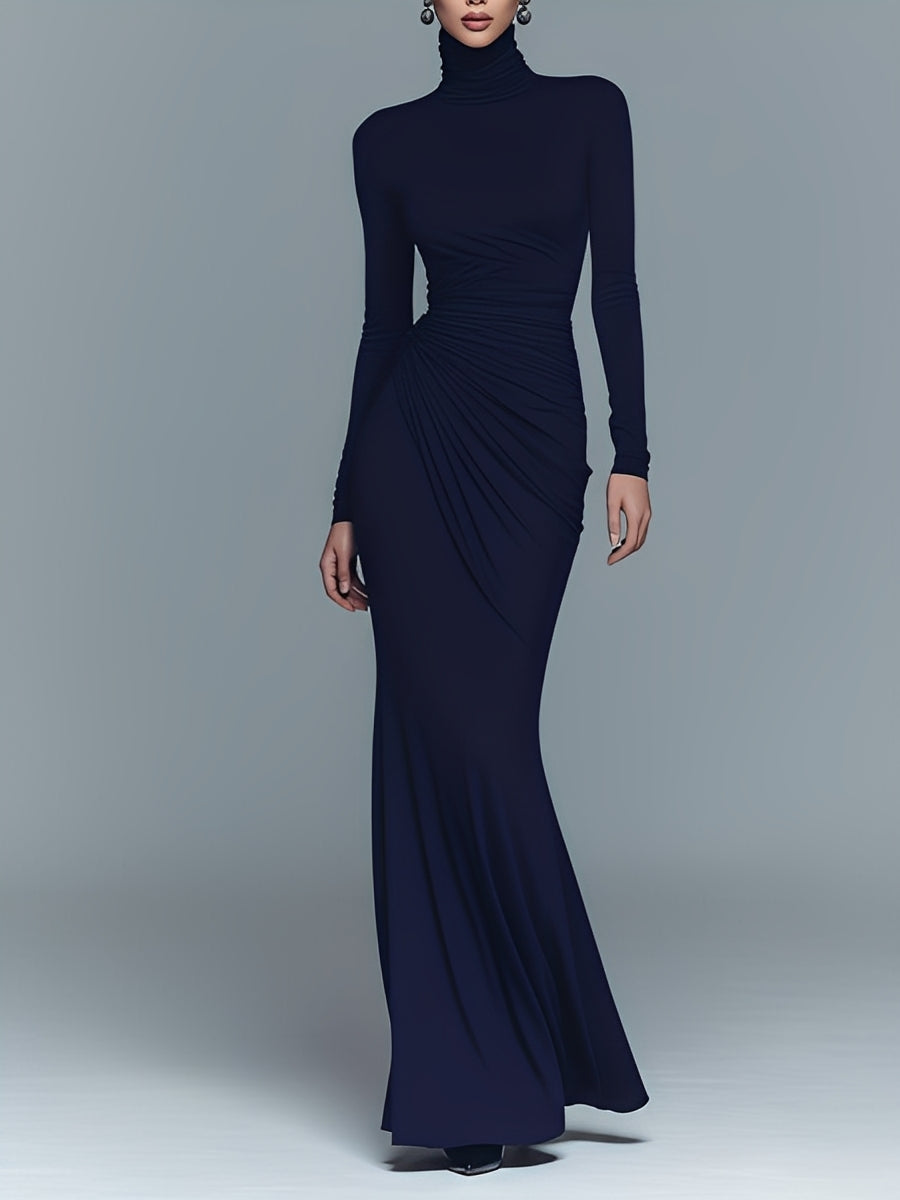 Navy Stretch Turtleneck Draped Maxi Dress