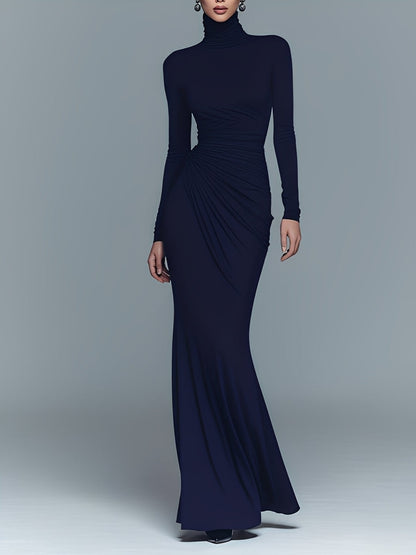 Navy Stretch Turtleneck Draped Maxi Dress