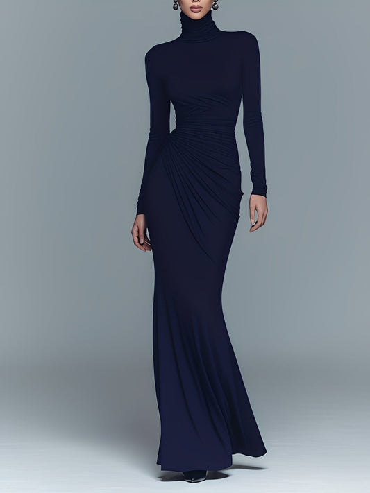 Navy Stretch Turtleneck Draped Maxi Dress