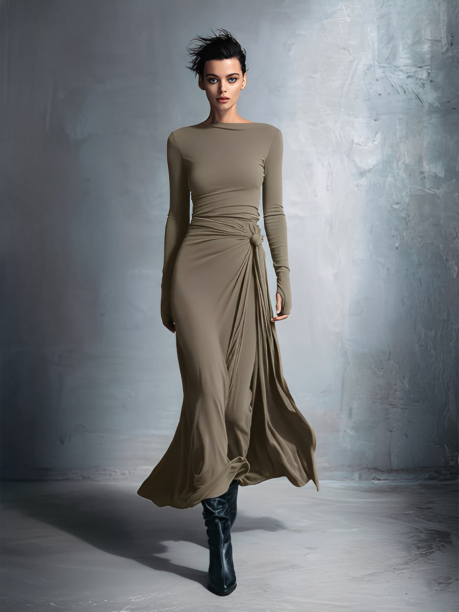 Gray Stretch Fabric Knotted Wrap Maxi Dress