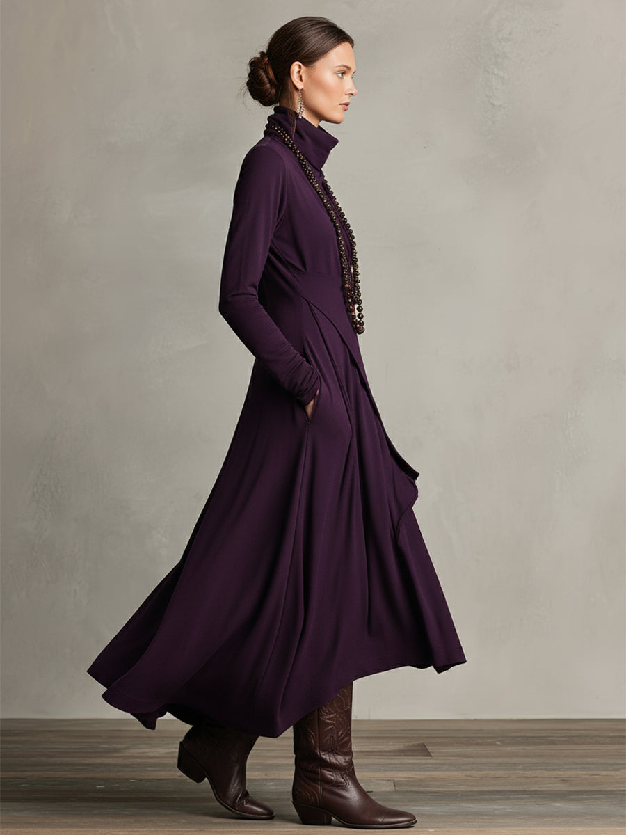 Purple Boho Cotton Turtleneck Asymmetric Draped Maxi Dress