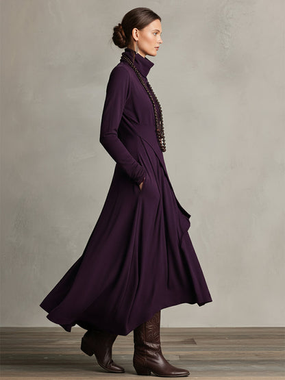 Purple Boho Cotton Turtleneck Asymmetric Draped Maxi Dress