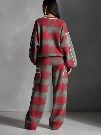 Red & Grey Plaid Colour Block Piping Pantsuit Set