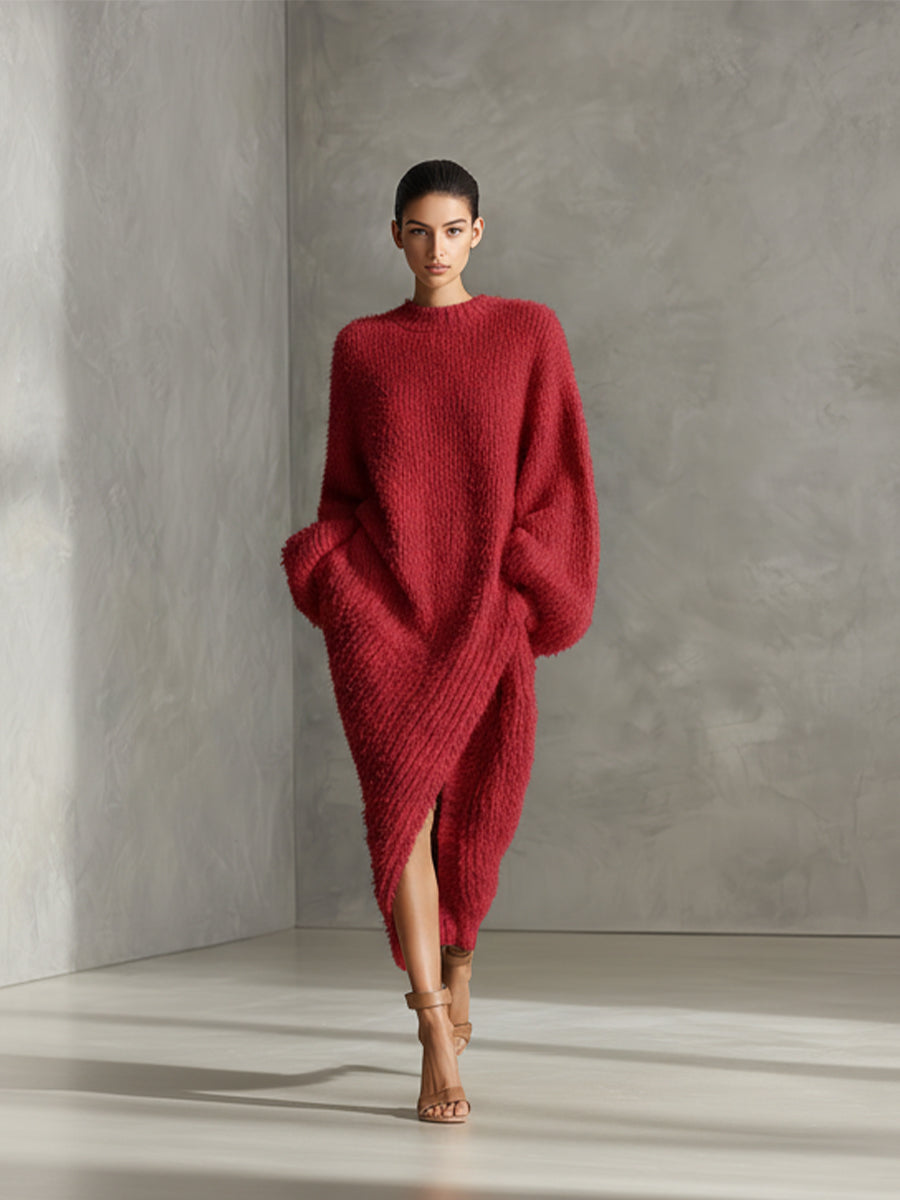 Cream Faux Mink Knit Asymmetric Slit Midi Dress