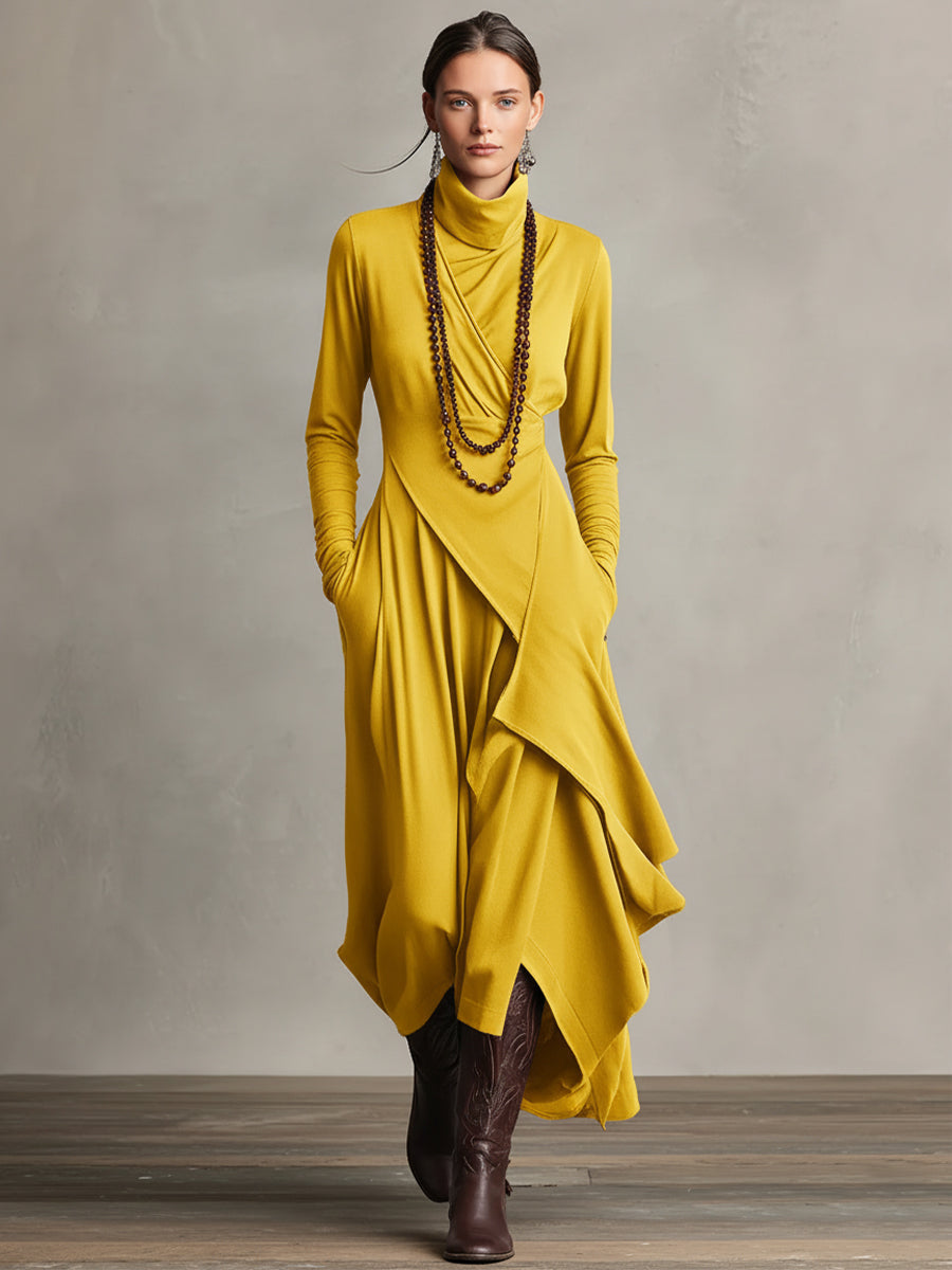 Purple Boho Cotton Turtleneck Asymmetric Draped Maxi Dress