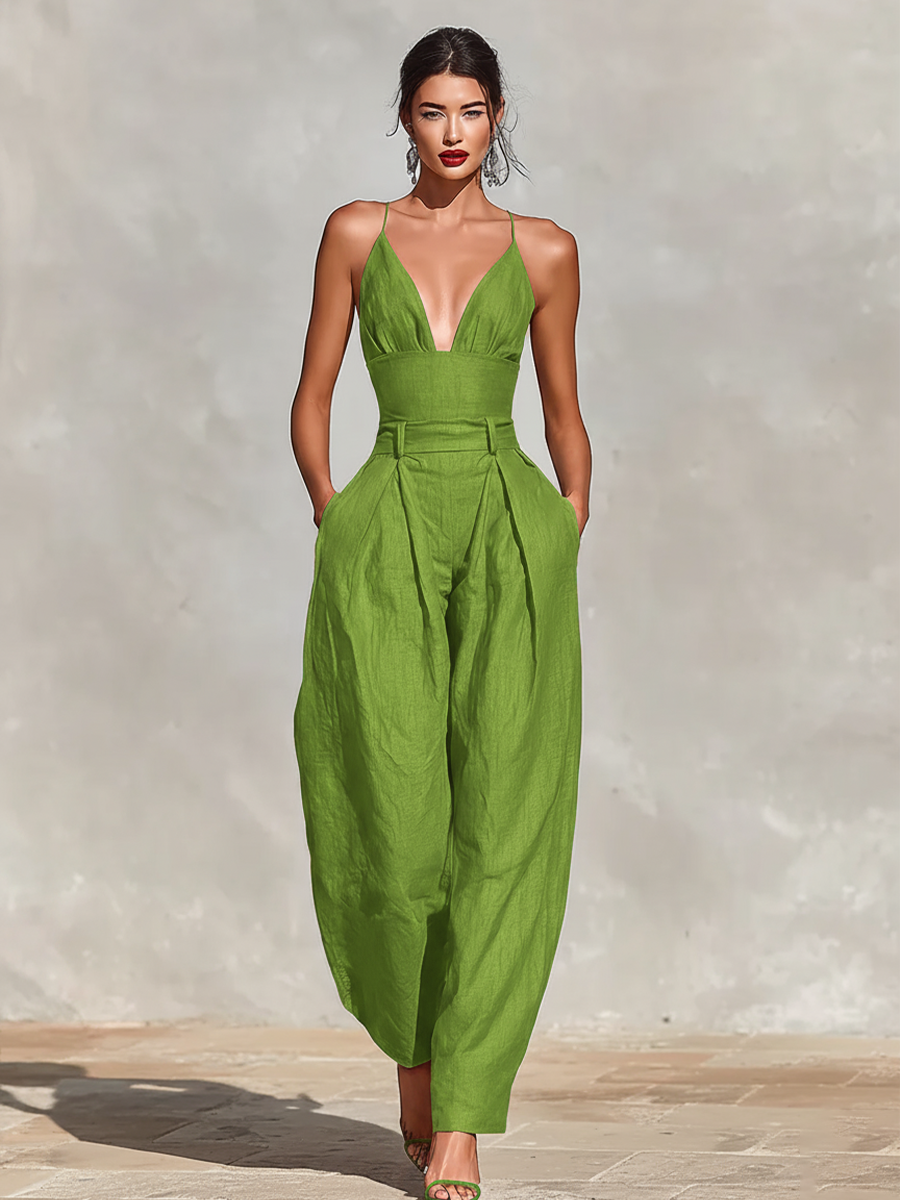 Red Linen Spaghetti Strap High-Waist Jumpsuit