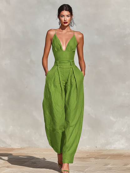Red Linen Spaghetti Strap High-Waist Jumpsuit