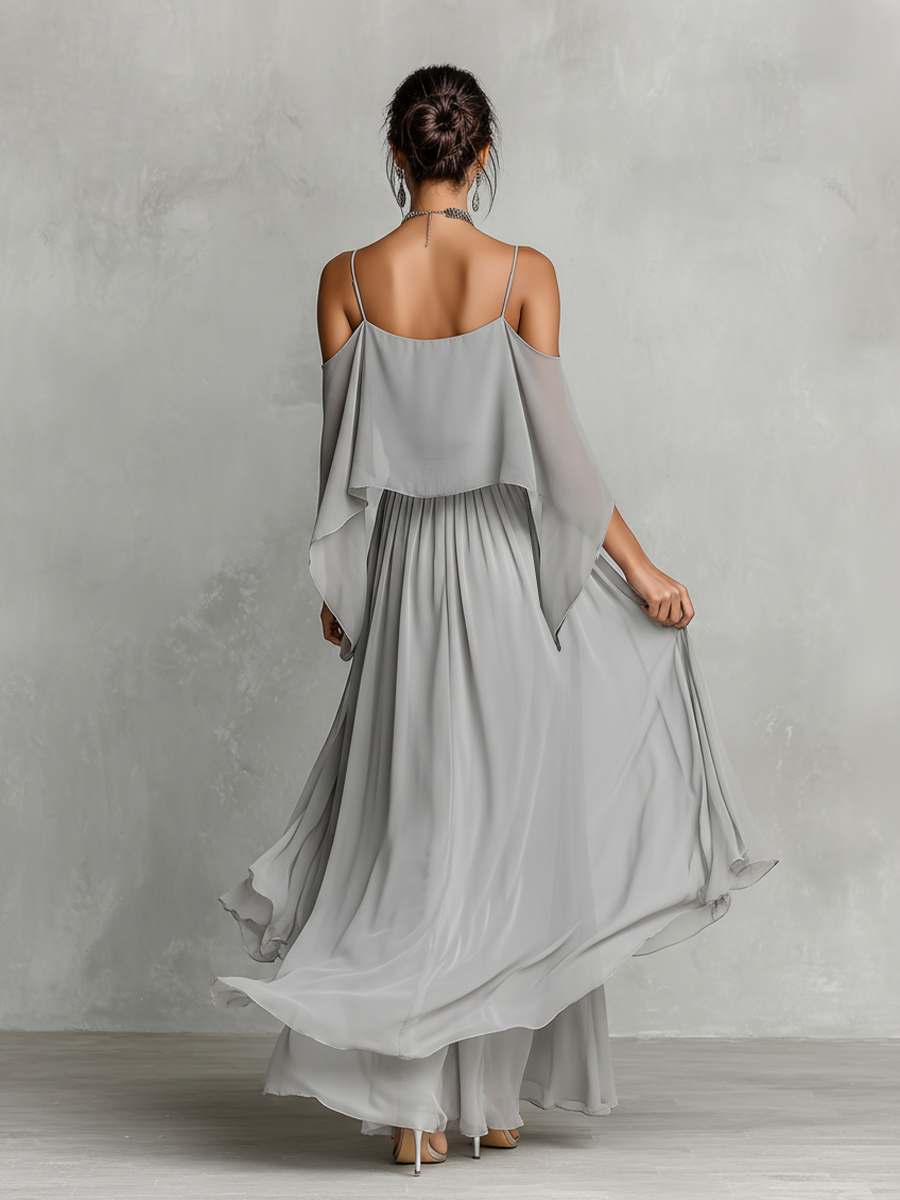 Grey Chiffon Cold-Shoulder Flared Co-ord Set