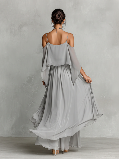 Grey Chiffon Cold-Shoulder Flared Co-ord Set