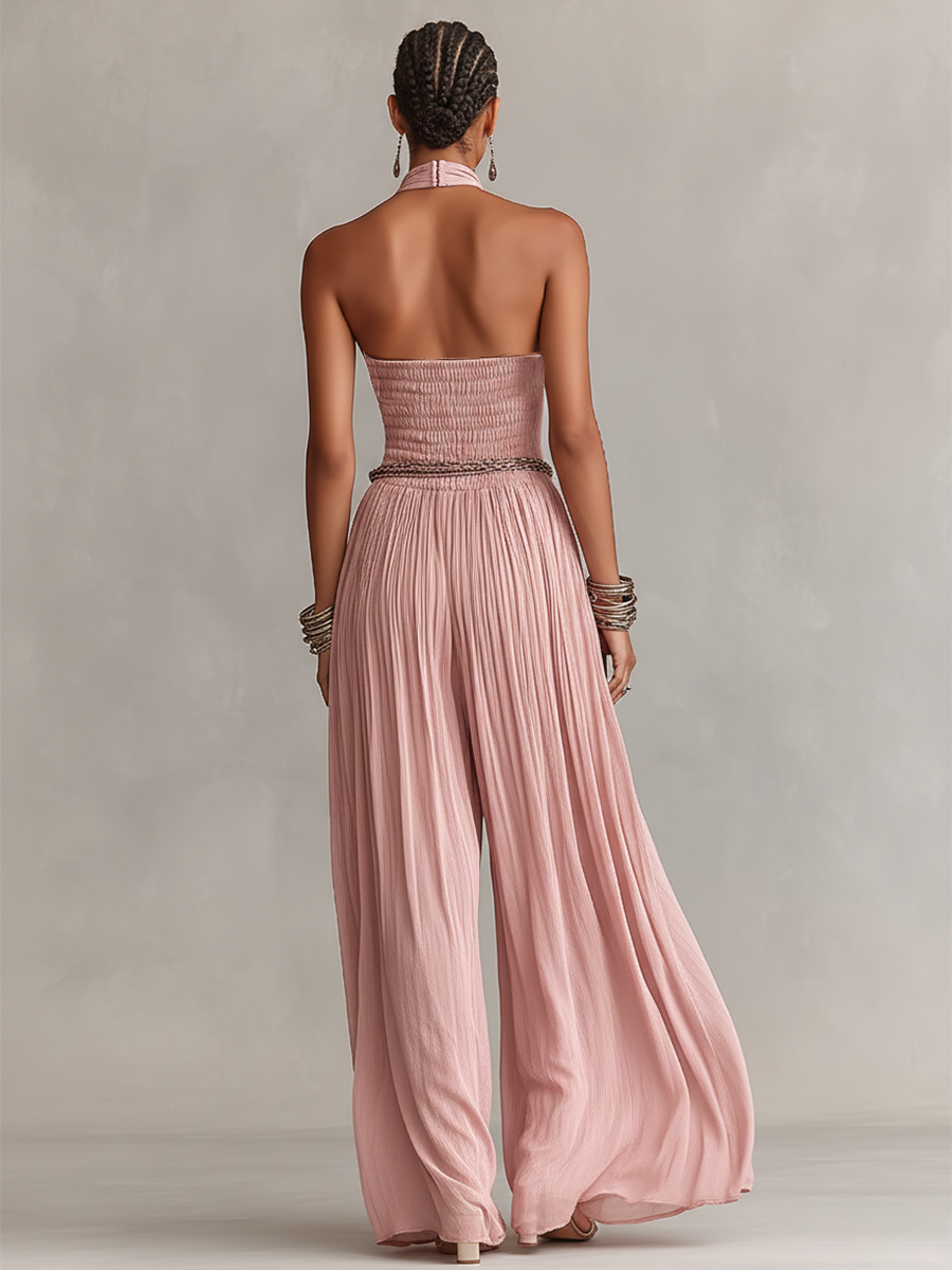 Blush Pleated Halter Neck Ruched Waist Jumpsuit
