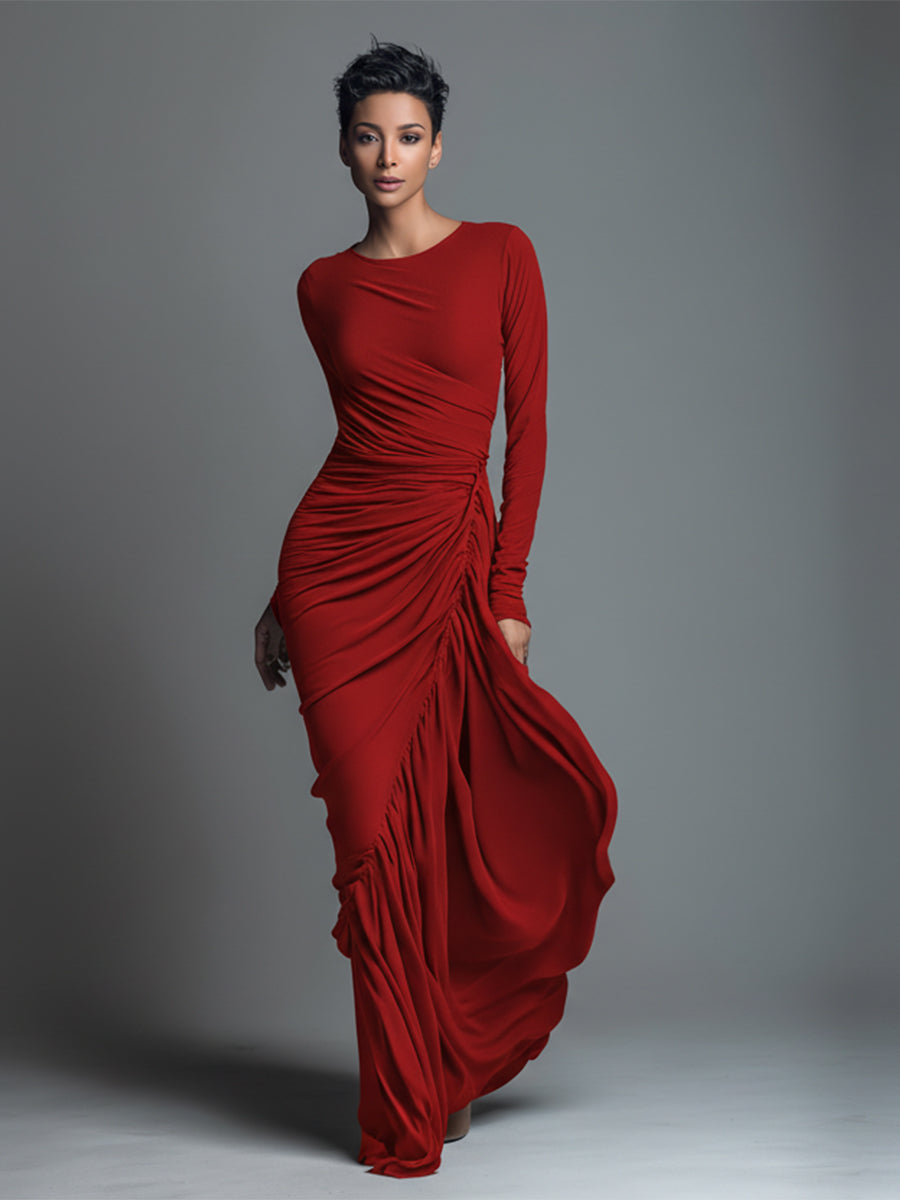 Black Jersey Knit Ruched Maxi Dress