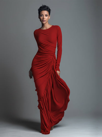 Black Jersey Knit Ruched Maxi Dress