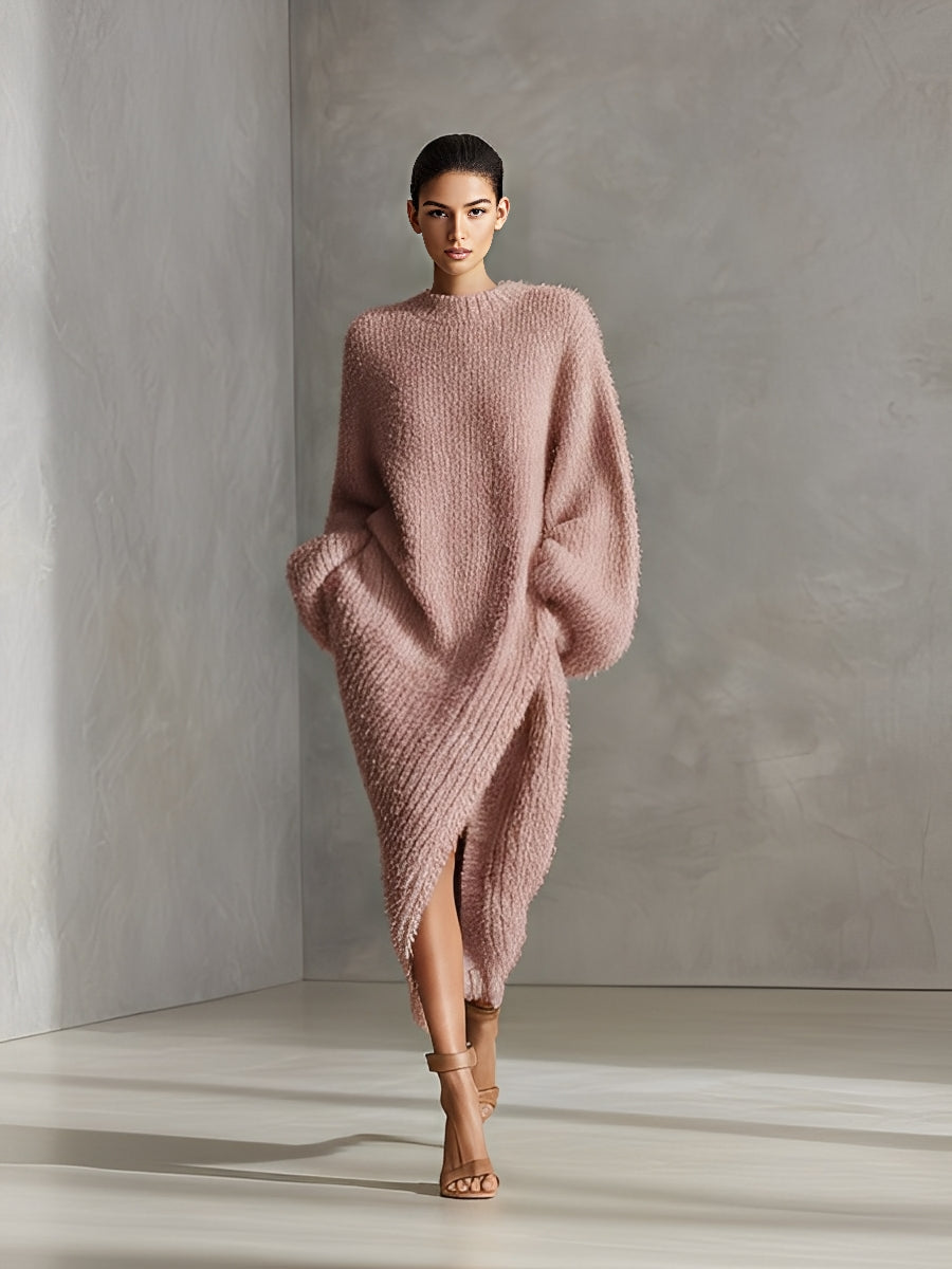 Cream Faux Mink Knit Asymmetric Slit Midi Dress