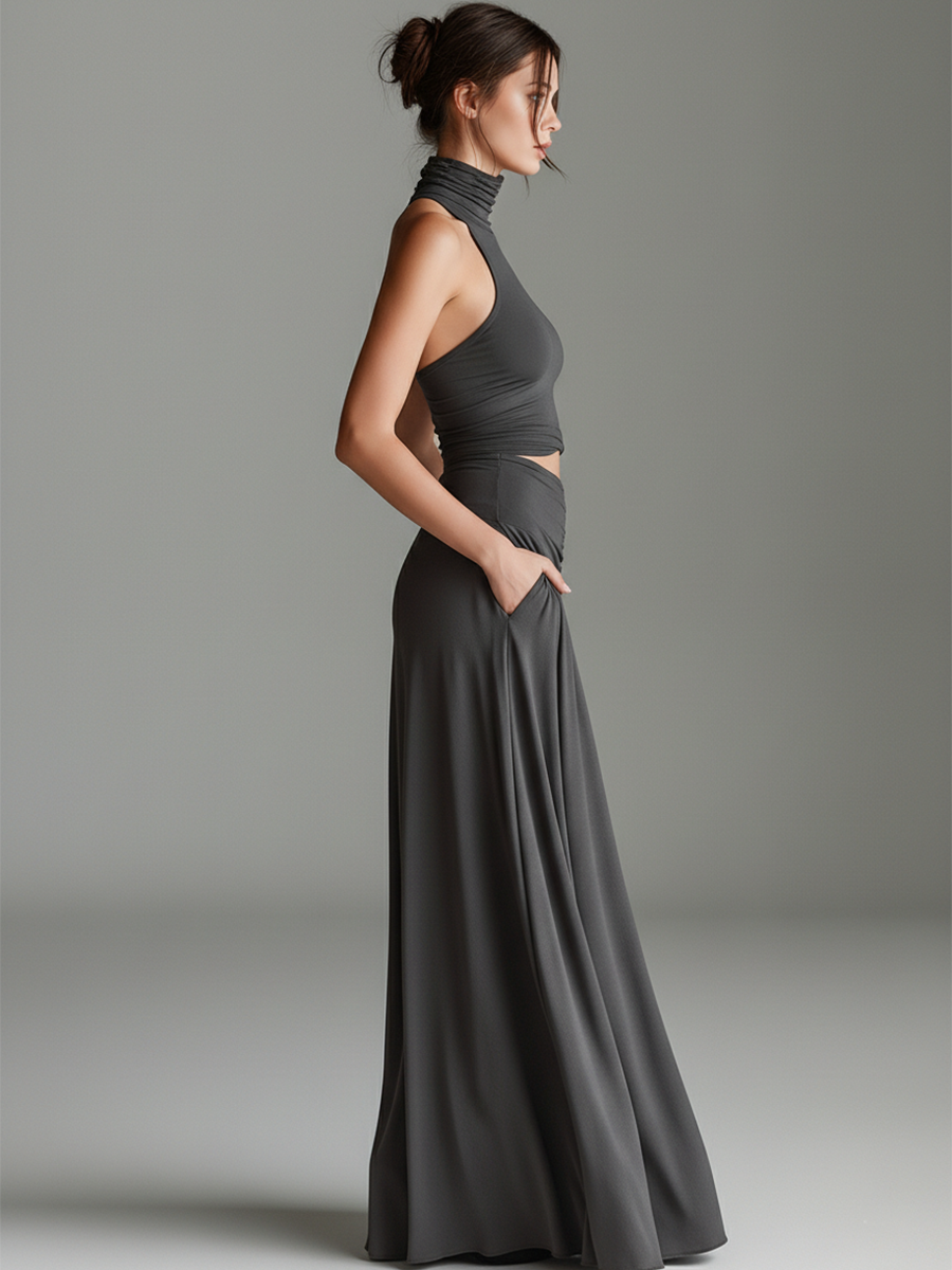 Charcoal Gray Stretch Knit Turtleneck Halter Cutout Waist Dress