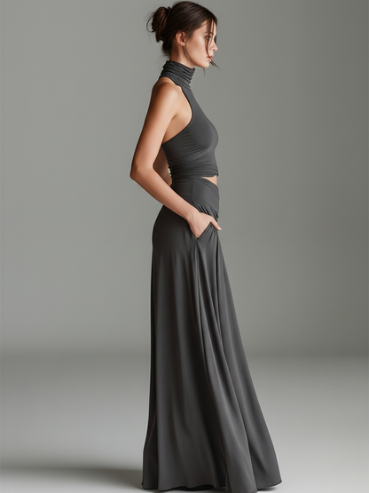 Charcoal Gray Stretch Knit Turtleneck Halter Cutout Waist Dress