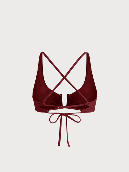 Wine Red Textured U-Ring Cross Back Bikini Top