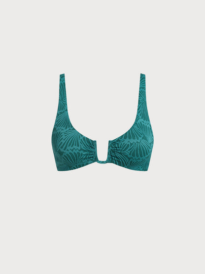 Dark Green Jacquard U-Ring Cross Back Bikini Top