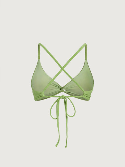 Light Green Textured Twist Cross Back Bikini Top