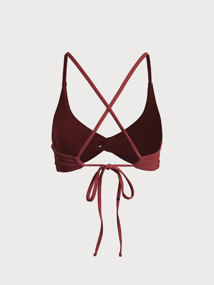 Wine Red Twist Backless Bikini Top