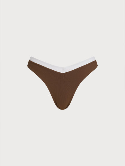 Brown Contrast Trim V-Cut Bikini Bottom