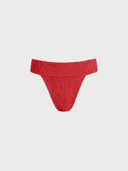 Red Textured High Cut Bikini Bottom