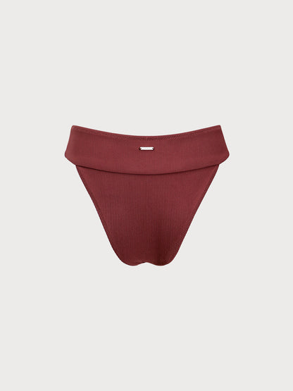 Wine Red Ribbed High Cut Bikini Bottom