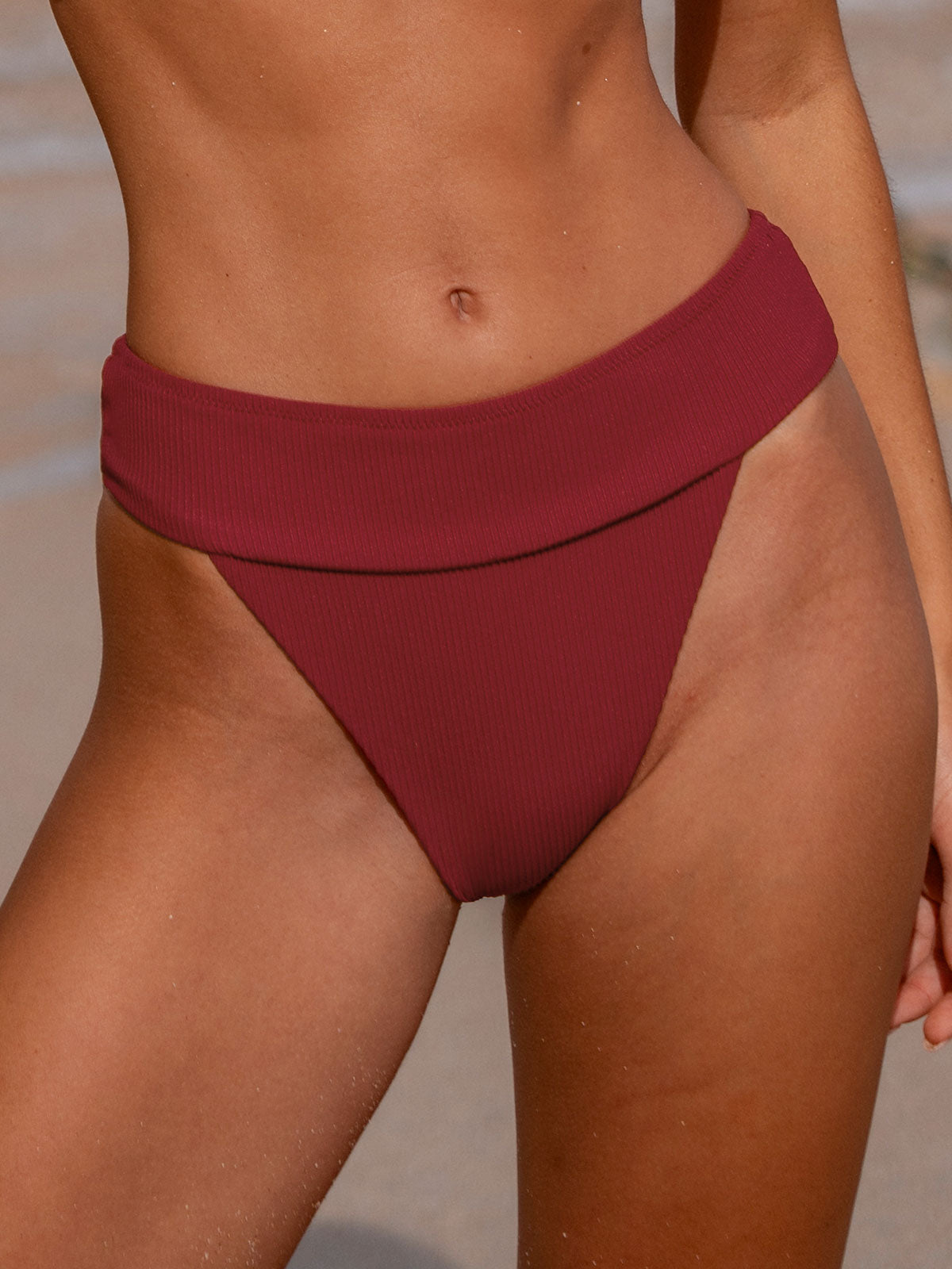 Wine Red Ribbed High Cut Bikini Bottom