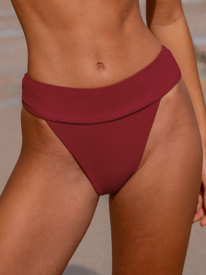 Wine Red Ribbed High Cut Bikini Bottom
