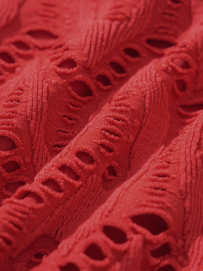 Red Textured High Cut Bikini Bottom