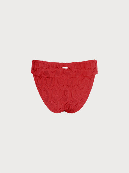 Red Textured High Cut Bikini Bottom