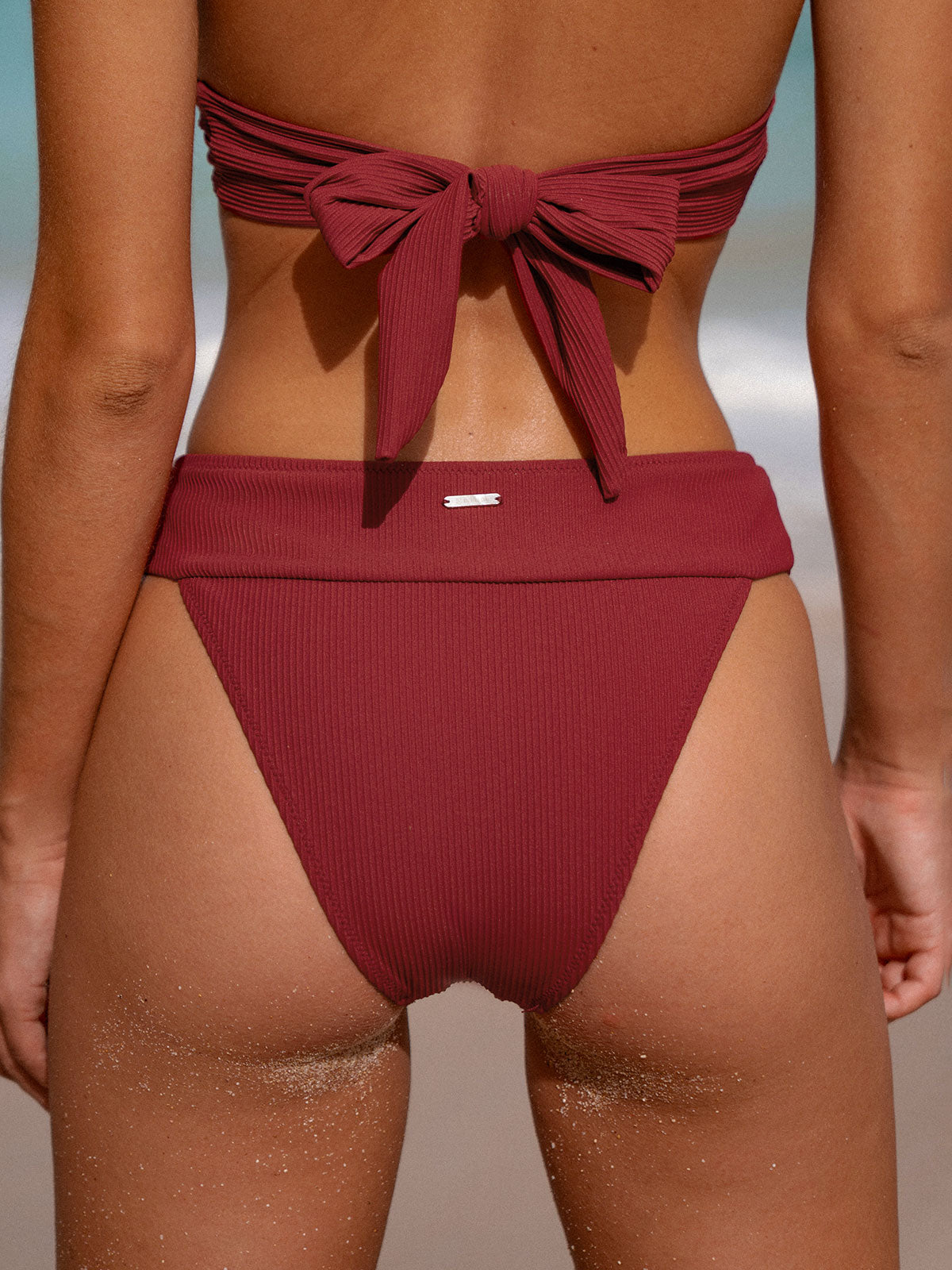 Wine Red Ribbed High Cut Bikini Bottom