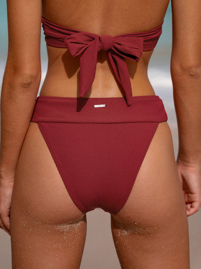Wine Red Ribbed High Cut Bikini Bottom