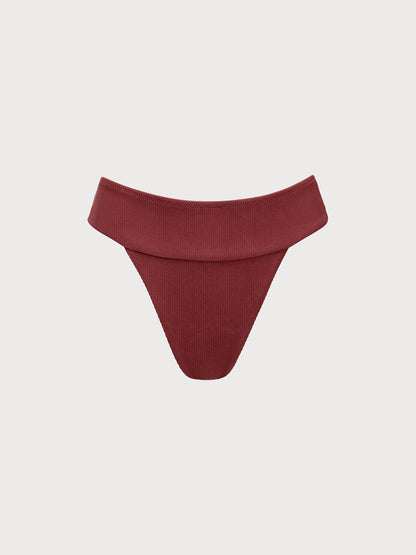 Wine Red Ribbed High Cut Bikini Bottom