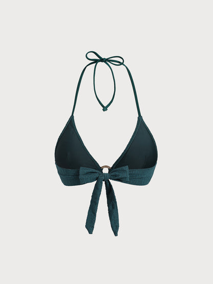 Dark Green Textured Halter Bikini Top
