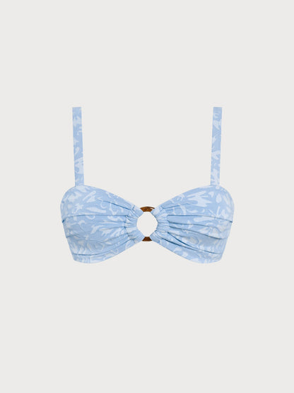 Light Blue Floral Textured Cutout O-Ring Bikini Top